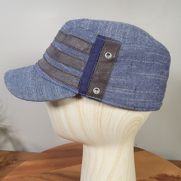 Cremieux Cadet Cap Women's Size M / L Blue Chambray Denim and Brown Faux Leather - Picture 8 of 16